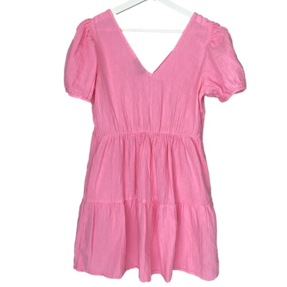 GAP Mini Dress Crinkle Gauze Puff Short Sleeve Tiered Pink Women Size S - Picture 4 of 12